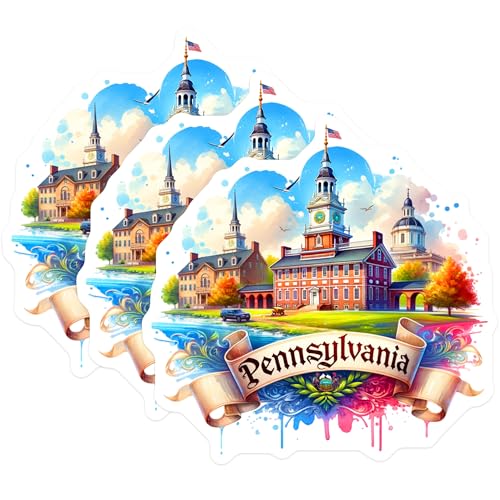 (3 Pack) Pennsylvania Decals - State Pride - Watercolor Style- 3 Inches On Longest Side - Easy Peel & Apply - Made in USA - 3MCS5437
