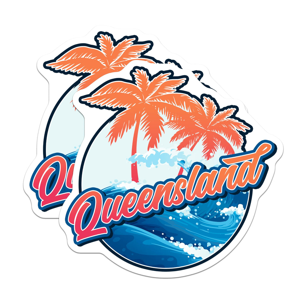 (2 Pack) Queensland Magnets - Vibrant Beach Scene - Palm Tree Ocean Waves - Australian Travel Souvenir - 5 Inches On Longest Side - Thick Durable Magnet - Made in USA - MAG19355