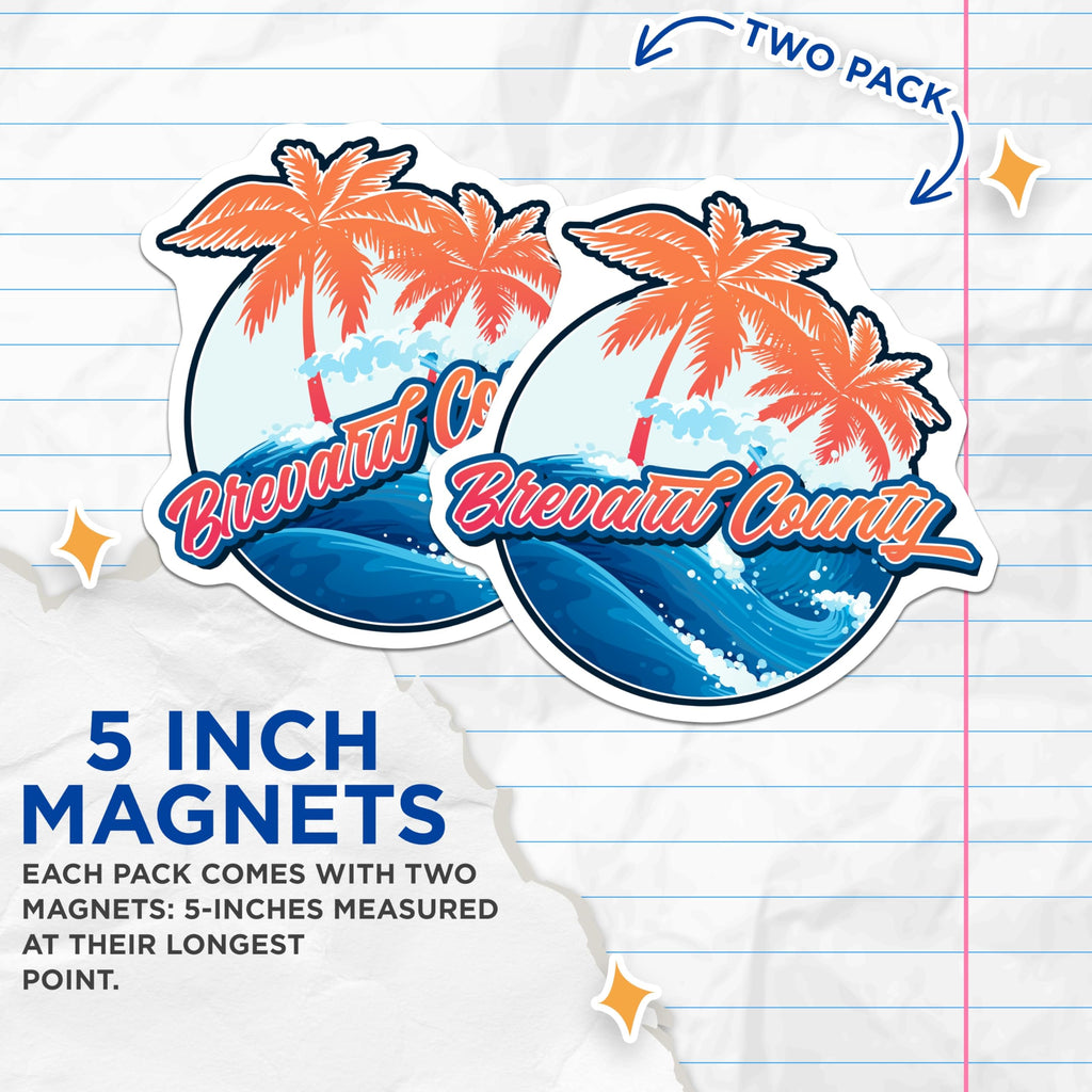 (2 Pack) Brevard County Magnets - Beach Palm Tree Design - Florida Travel Souvenir - 5" On Longest Side - Premium Magnet - for Cars, Refrigerators, Toolboxes, Lockers - Made in USA - MAG18334