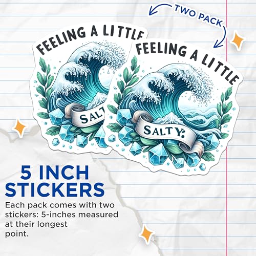 (2 Pack) Feeling A Little Salty Stickers - Wave Art - Ocean Sticker Decals - 5" On Longest Side - Sticks to Smooth Flat Surfaces - Made in USA - BMCS9280