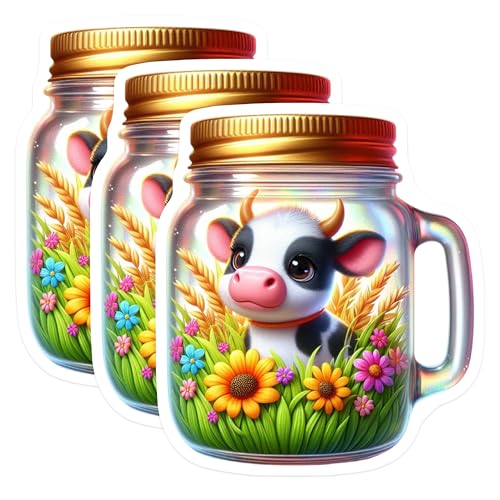 (3 Pack) Cow in Jar Decals - Cute Animal Stickers - Laptop Decal - 3 Inches On Longest Side - Easy Peel & Apply - Made in USA - 3MCS8149