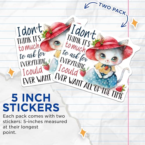 (2 Pack) Cute Cat Stickers - Funny Cat Saying Stickers - Motivational Quote Cat Stickers - 5" On Longest Side - Sticks to Smooth Flat Surfaces - Made in USA - BMCS4351