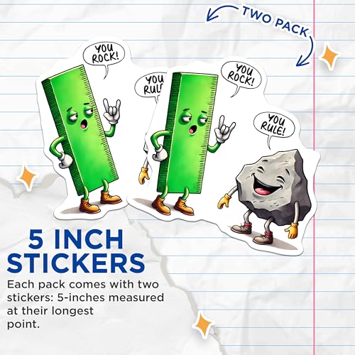 (2 Pack) You Rock You Rule Stickers - Ruler and Rock Cartoon - Motivational - 5" On Longest Side - Sticks to Smooth Flat Surfaces - Made in USA - BMCS7586