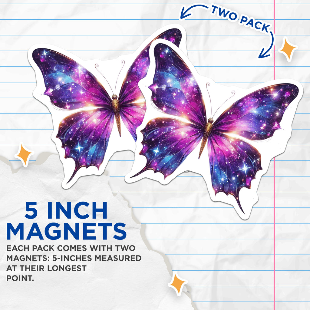 (2 Pack) Cosmic Butterfly Magnets - Galaxy Wing Decor - Aesthetic Fridge Magnet - 5 Inches On Longest Side - Thick Durable Magnet - Made in USA - MAG38002