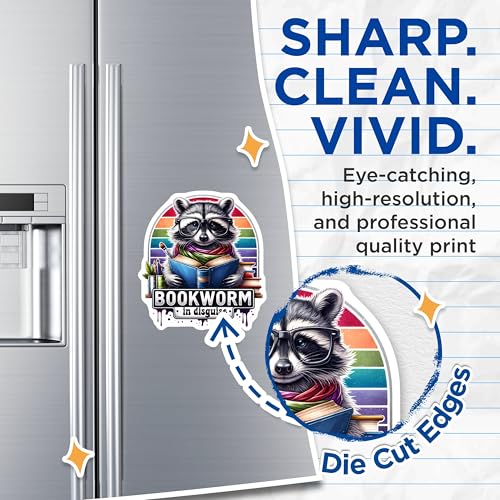(2 Pack) Bookworm Magnets - Raccoon Art Magnets - Reading Lover - Cute Animal Magnets - Colorful Fridge Magnets - 5" On Longest Side - for Cars, Fridges, Toolboxes - Made in USA - MAG4537