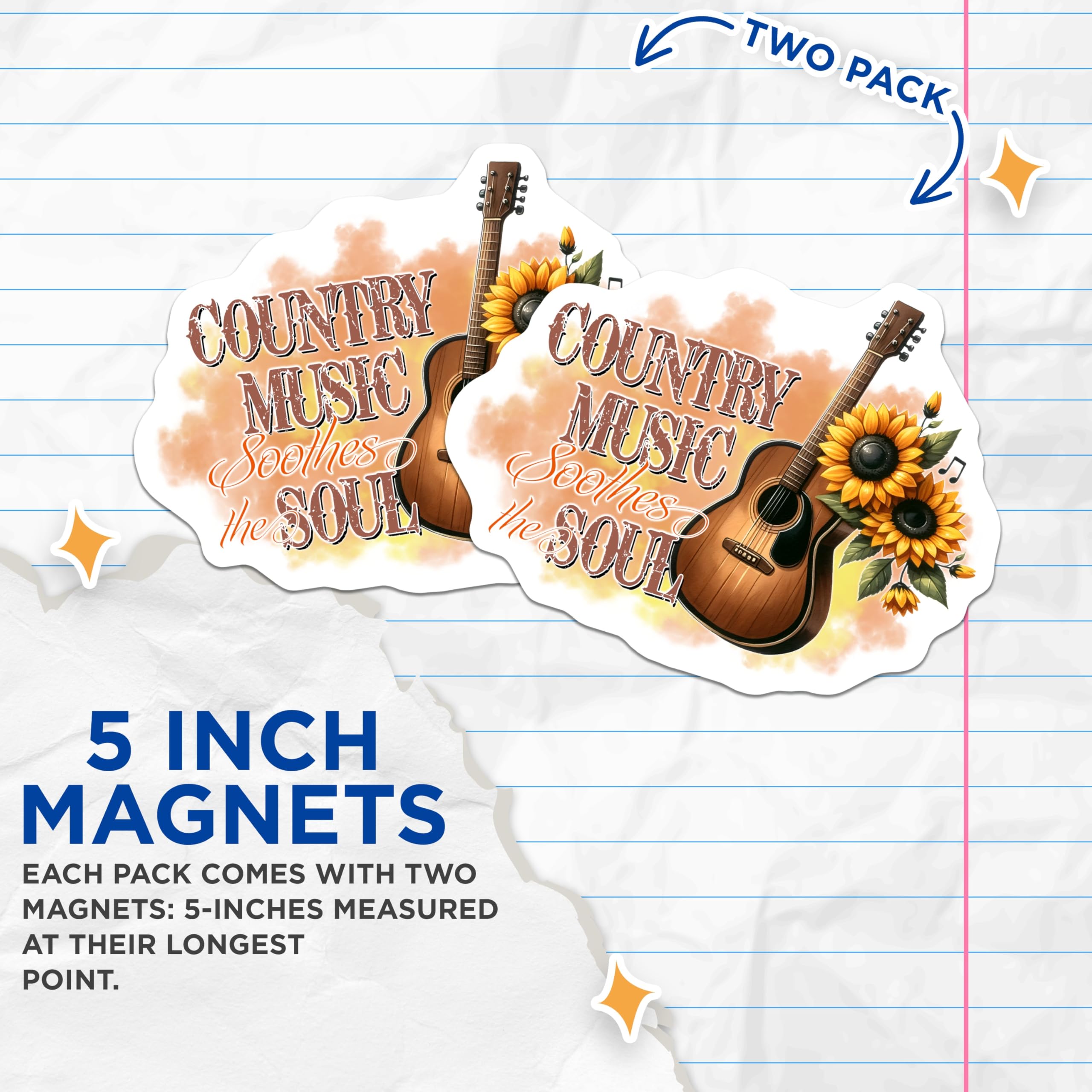 (2 Pack) Country Music Magnets - Guitar Decor - Sunflower Fridge Magnets - 5" On Longest Side - Premium Magnet - for Cars, Refrigerators, Toolboxes, Lockers - Made in USA - MAG16305