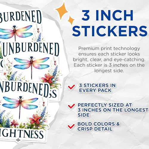 (3 Pack) Unburdened Lightness Decals - Dragonfly Decal - Floral Decals - 3 Inches On Longest Side - Easy Peel & Apply - Made in USA - 3MCS1508