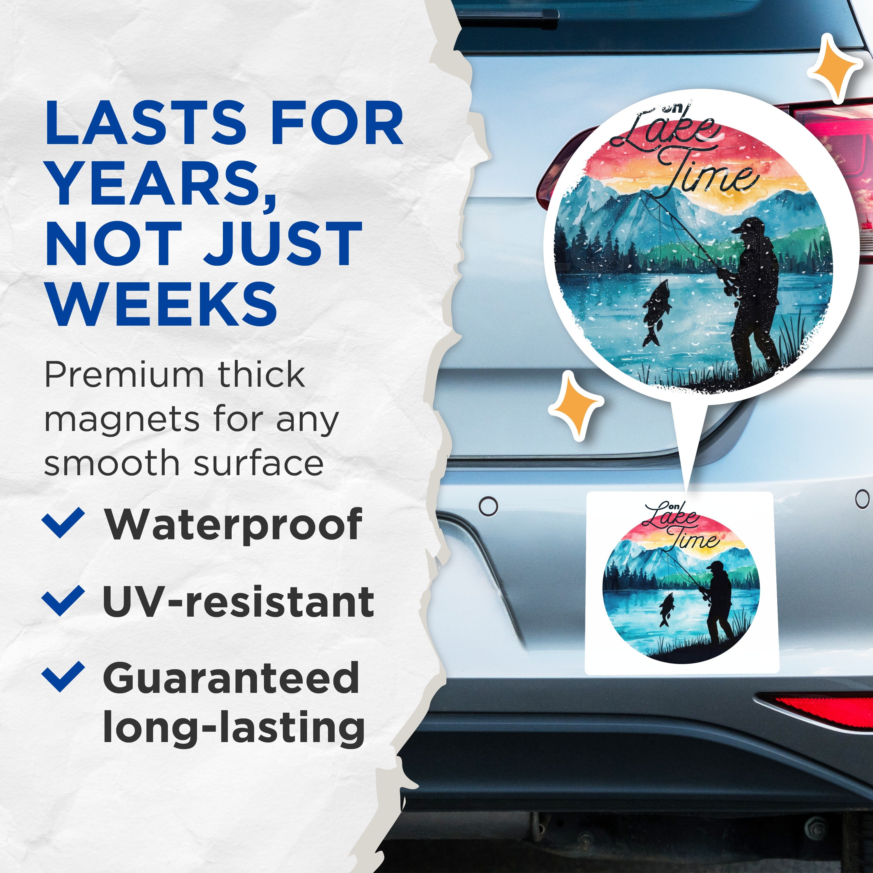 (2 Pack) Fishing Magnets - Lake Time Decor - Fisherman Refrigerator Art - Cabin Life - Outdoors Enthusiast - Water Scene - 5 Inches On Longest Side - Thick Durable Magnet - Made in USA - MAG36778