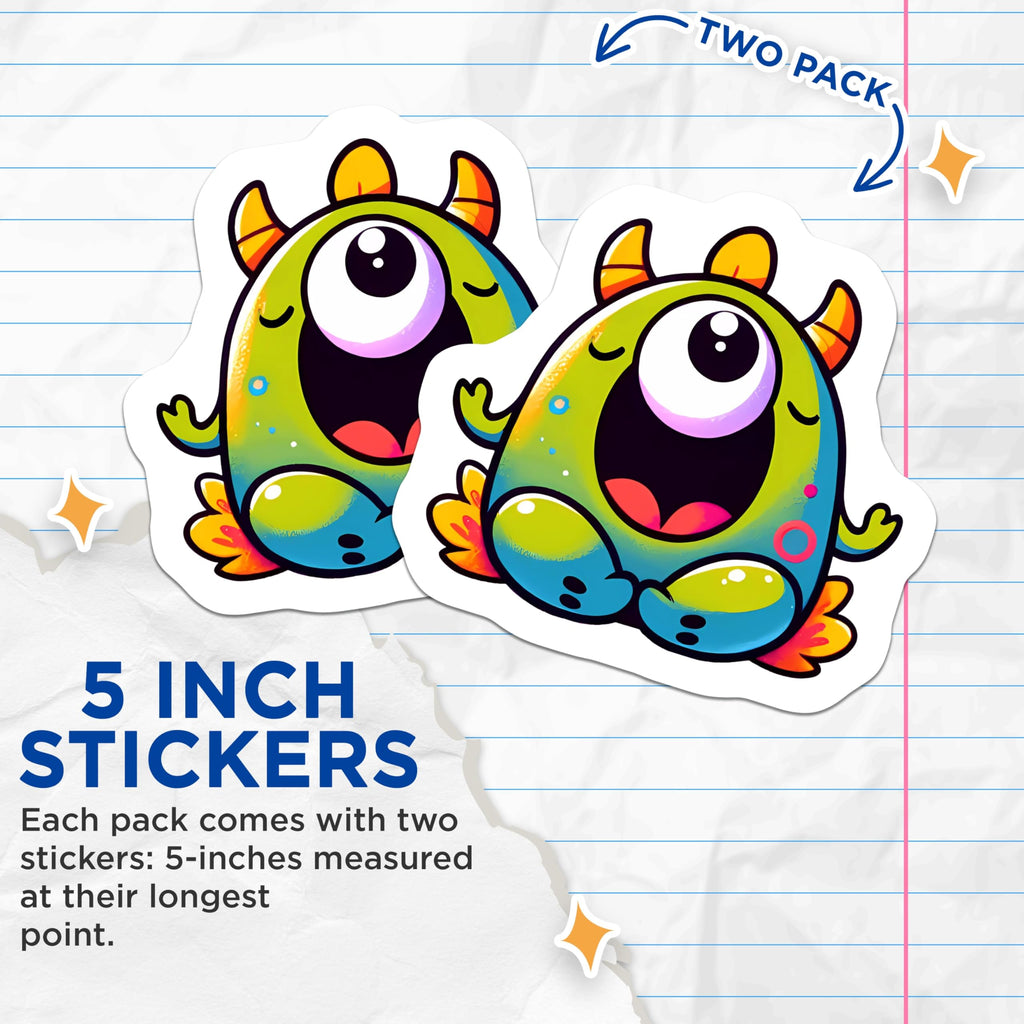 (2 Pack) Colorful Monster Stickers - Happy Cyclops Creature Decals - Whimsical Alien Character Art - 5" On Longest Side - Sticks to Smooth Flat Surfaces - Made in USA - BMCS21215