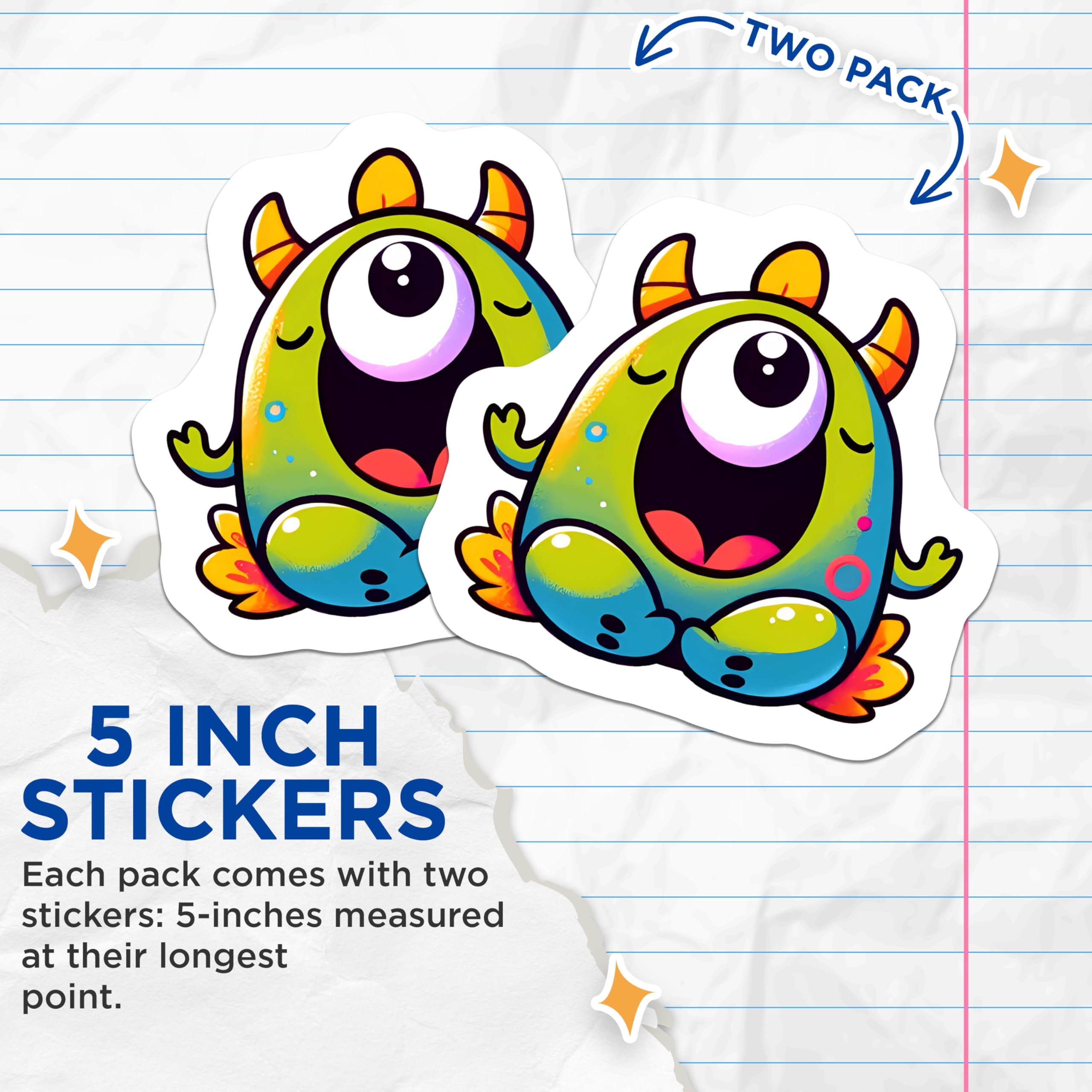 (2 Pack) Colorful Monster Stickers - Happy Cyclops Creature Decals - Whimsical Alien Character Art - 5" On Longest Side - Sticks to Smooth Flat Surfaces - Made in USA - BMCS21215