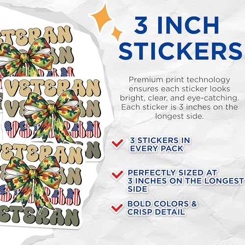 (3 Pack) Veteran Decals - Military Support - Patriotic Decor - 3 Inches On Longest Side - Easy Peel & Apply - Made in USA - 3MCS7129