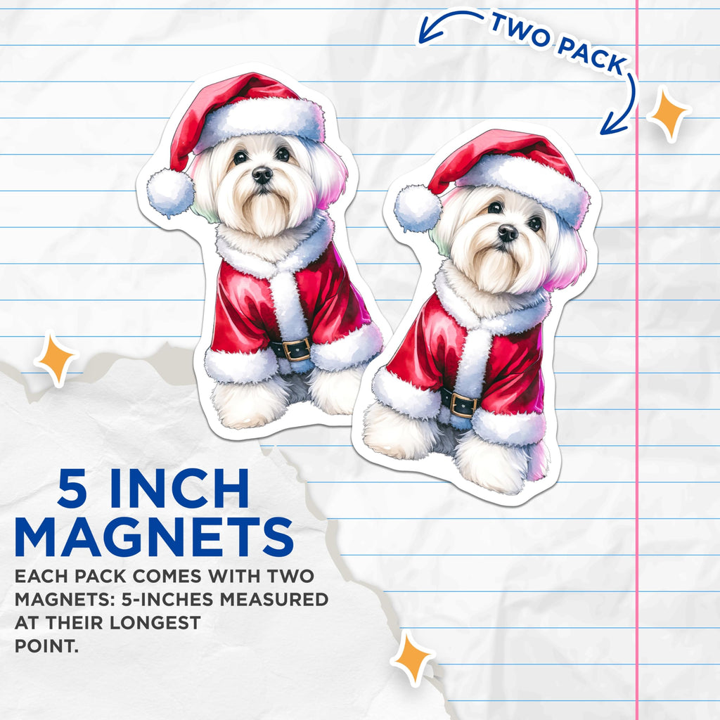 (2 Pack) Christmas Dog Magnets - Maltese Santa Puppy - Holiday Refrigerator Decor - 5 Inches On Longest Side - Thick Durable Magnet - Made in USA - MAG26030