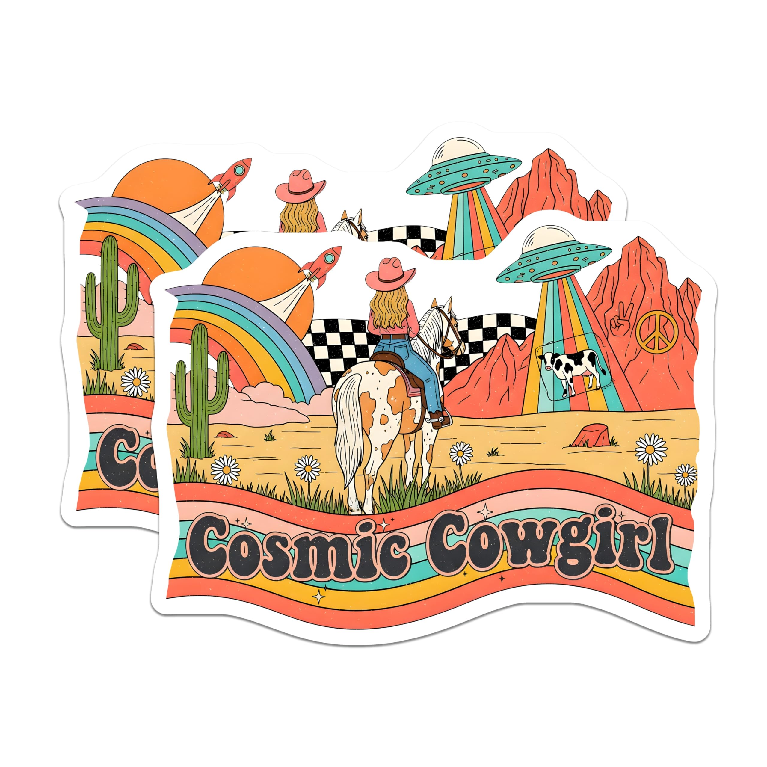 (2 Pack) Cosmic Cowgirl Magnets - Retro Western Art - Space Cowgirl Art - 5" On Longest Side - Premium Magnet - for Cars, Refrigerators, Toolboxes, Lockers - Made in USA - MAG15316