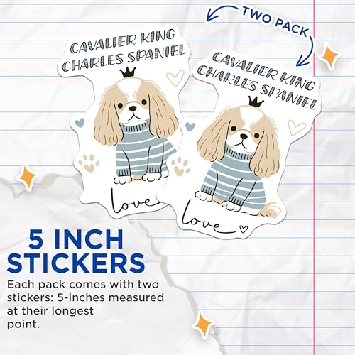 (2 Pack) Cavalier King Charles Spaniel Stickers - Cute Dog Stickers - Love Puppy Decal - 5" On Longest Side - Sticks to Smooth Flat Surfaces - Made in USA - BMCS7295