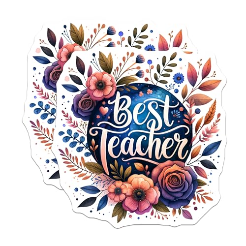 (2 Pack) Best Teacher Stickers - Floral Teacher Appreciation Stickers - Classroom Decor - Teacher Notebook Stickers - 5" On Longest Side - Sticks to Smooth Flat Surfaces - Made in USA - BMCS4414