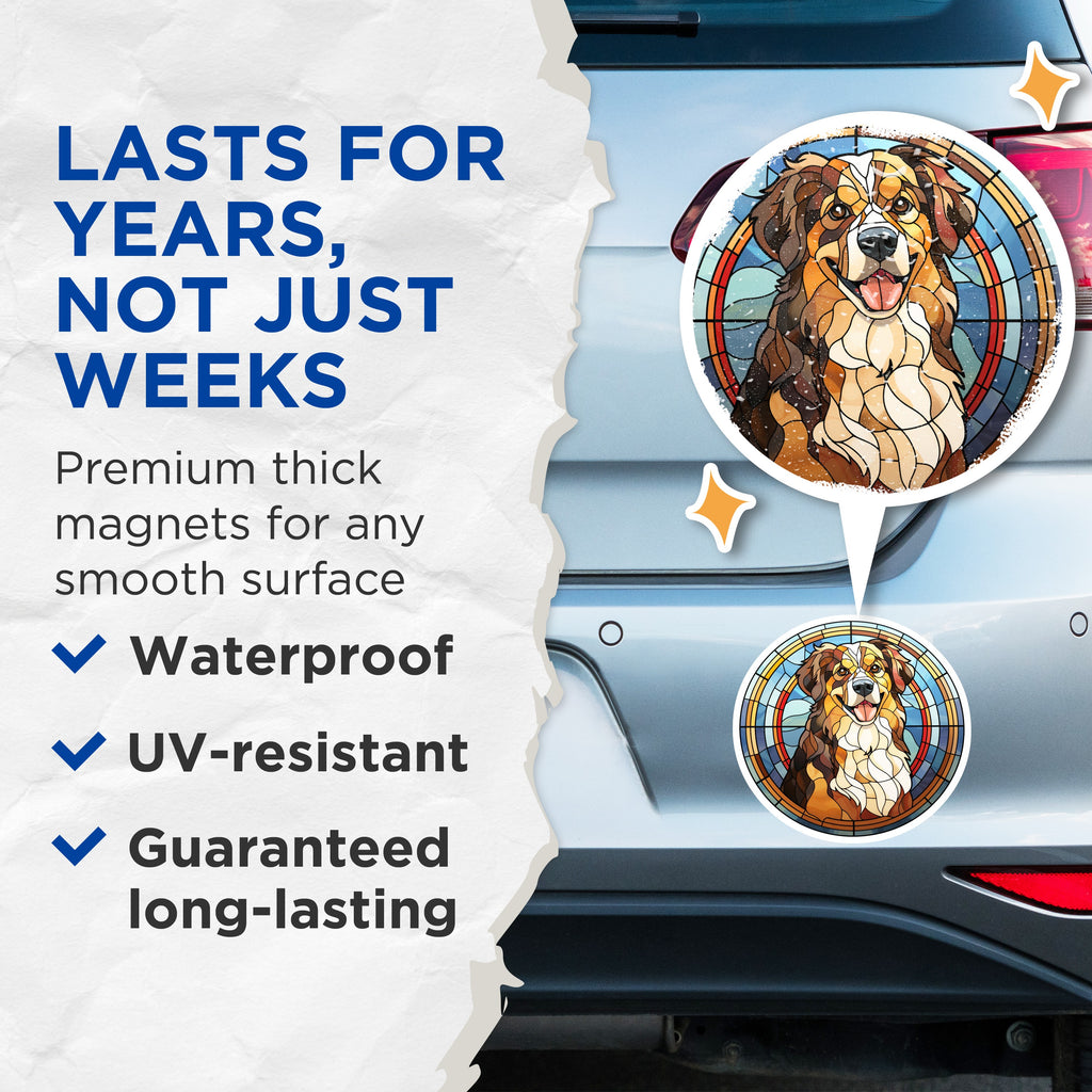 (2 Pack) Bernese Mountain Dog Magnets - Stained Glass Art Dogs - Australian Shepherd Decor - Pet Owners Fridge Magnets - 5 Inches On Longest Side - Thick Durable Magnet - Made in USA - MAG37724