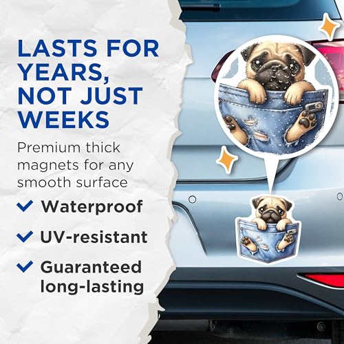 (2 Pack) Pug Puppy Pocket Magnets - Cute Animal Magnets - Fun Fridge Magnets - 5" On Longest Side - for Cars, Fridges, Toolboxes - Made in USA - MAG4254