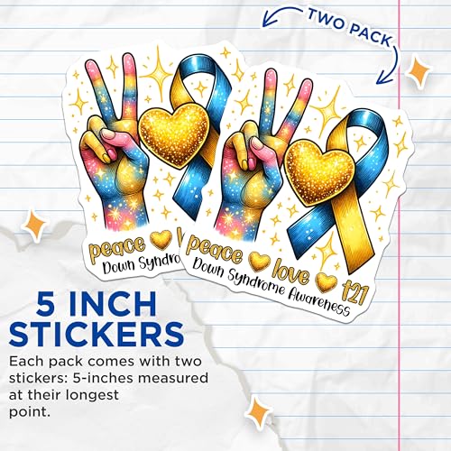 (2 Pack) Down Syndrome Awareness Stickers - Peace Love T21 - Advocacy Decals - Diverse Love - 5" On Longest Side - Sticks to Smooth Flat Surfaces - Made in USA - BMCS8198