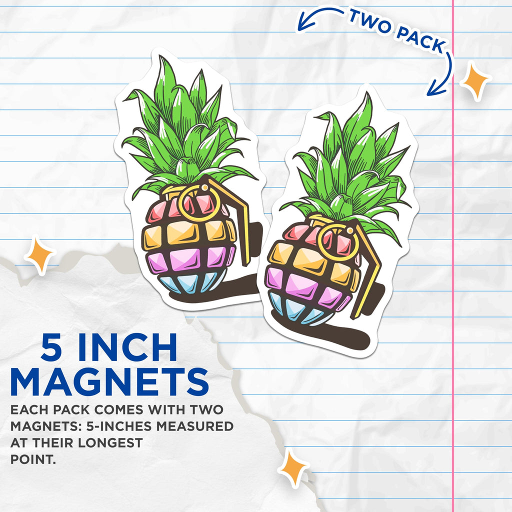 (2 Pack) Pineapple Grenade Magnets - Funny Fruit Pun Decor - Kitchen Fridge Accessories - 5" On Longest Side - Premium Magnet - for Cars, Refrigerators, Toolboxes, Lockers - Made in USA - MAG16941