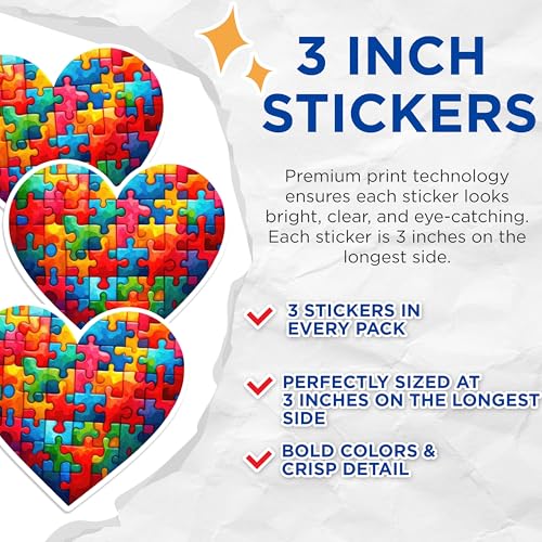(3 Pack) Autism Awareness Decals - Puzzle Heart Decal - Laptop Autism Decal - 3 Inches On Longest Side - Easy Peel & Apply - Made in USA - 3MCS0588