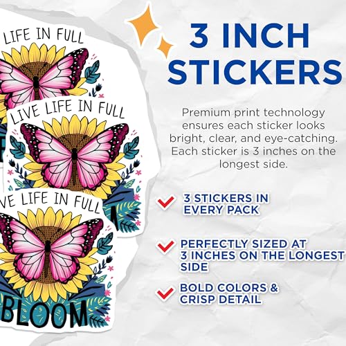 (3 Pack) Sunflower Butterfly Decals - Live Life in Full Bloom - Positive Affirmation Laptop Decal - 3 Inches On Longest Side - Easy Peel & Apply - Made in USA - 3MCS7709