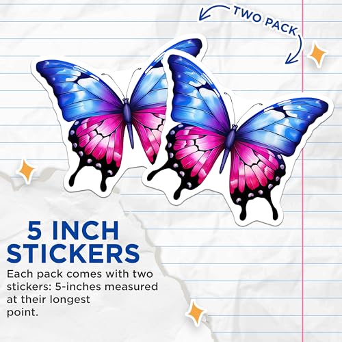 (2 Pack) Vibrant Butterfly Stickers - Colorful Butterfly Decal - Butterfly Decor - 5" On Longest Side - Sticks to Smooth Flat Surfaces - Made in USA - BMCS7081