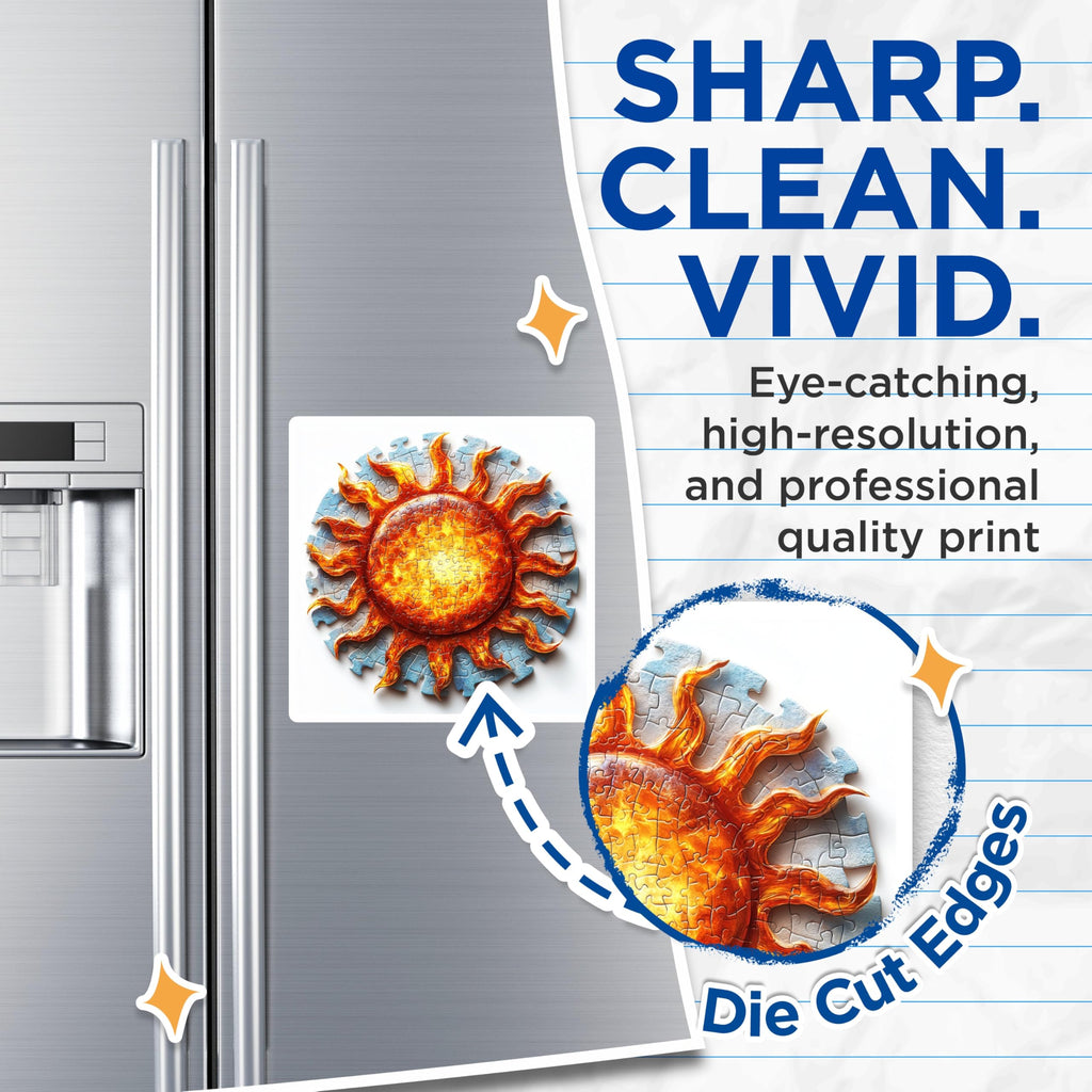 (2 Pack) Fiery Sun Puzzle Magnets - Solar Jigsaw Art Refrigerator Decor - Celestial Star Energy Kitchen Accent - 5 Inches On Longest Side - Thick Durable Magnet - Made in USA - MAG23328
