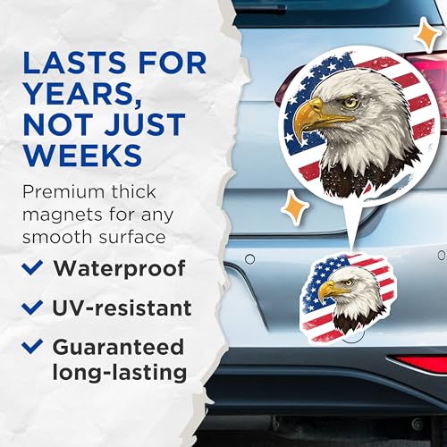 (2 Pack) Patriotic Decor Magnet - Bald Eagle Artwork - Independence Day - 5" On Longest Side - Sticks to Smooth Flat Surfaces - Made in USA - MAG9953