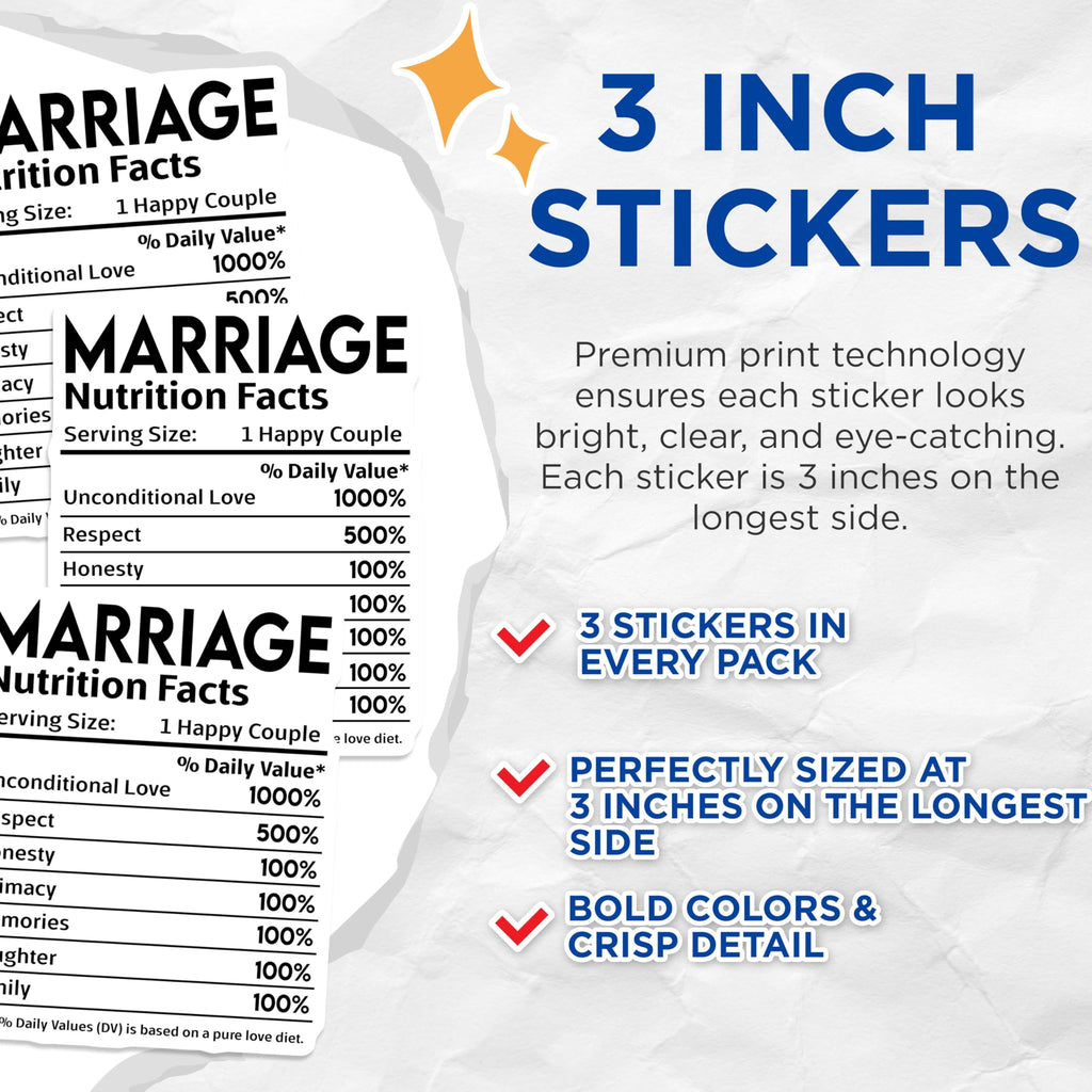 (3 Pack) Marriage Nutrition Facts Decals - Funny Wedding Decal - Anniversary Decal - 3 Inches On Longest Side - Easy Peel & Apply - Made in USA - 3MCS2912