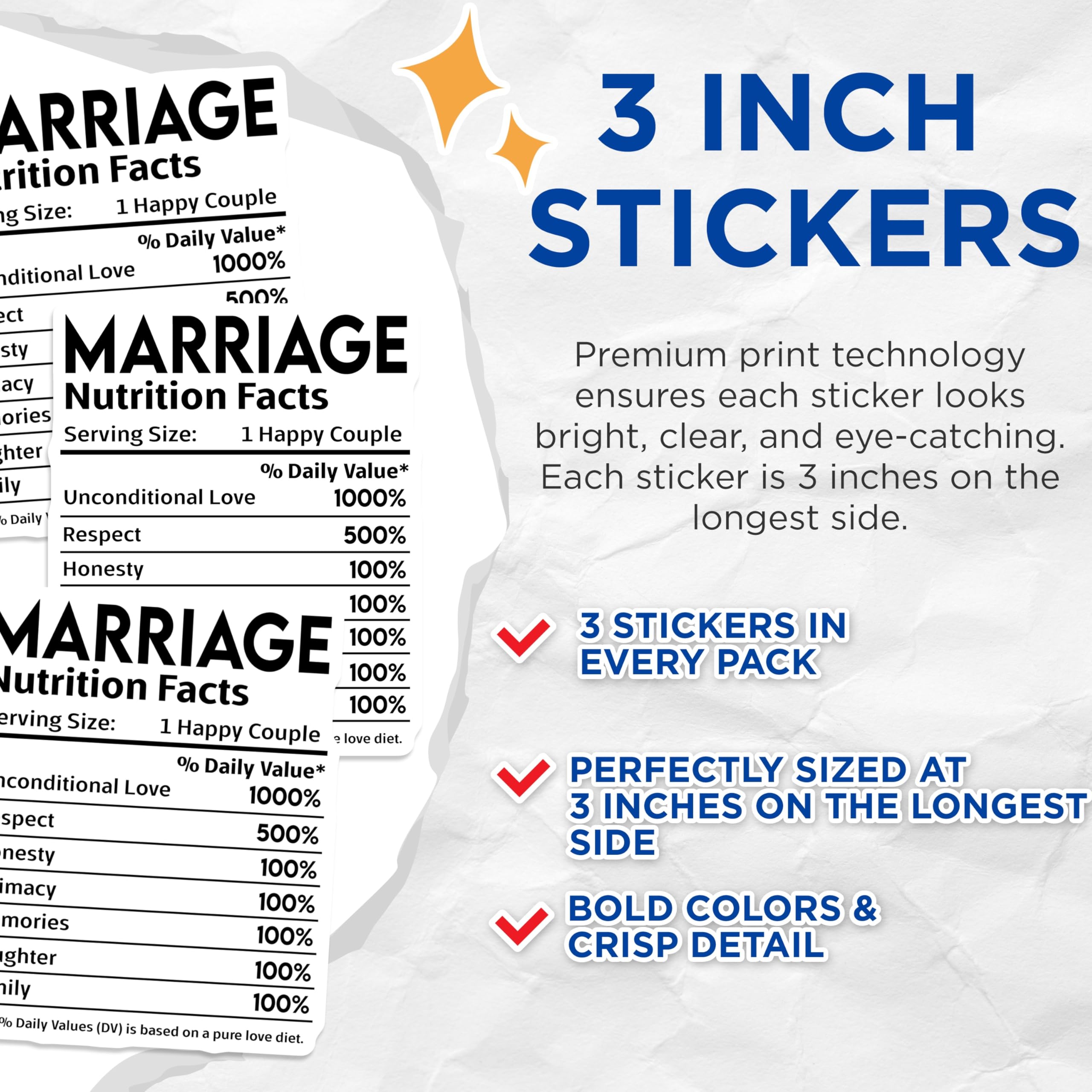 (3 Pack) Marriage Nutrition Facts Decals - Funny Wedding Decal - Anniversary Decal - 3 Inches On Longest Side - Easy Peel & Apply - Made in USA - 3MCS2912