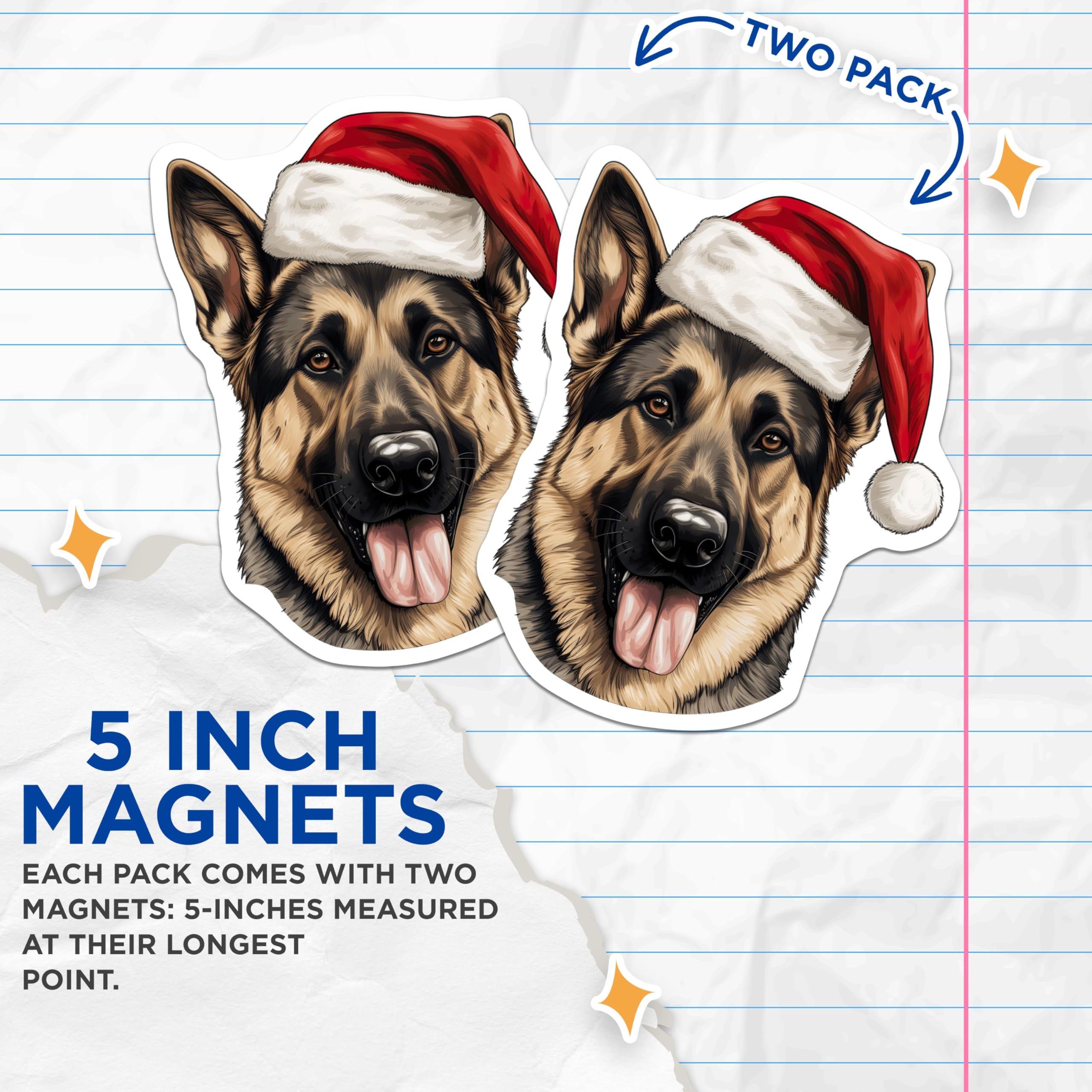 (2 Pack) German Shepherd Christmas Magnets - Santa Hat Dog Decor - Holiday Pet Accessory - 5 Inches On Longest Side - Thick Durable Magnet - Made in USA - MAG29588