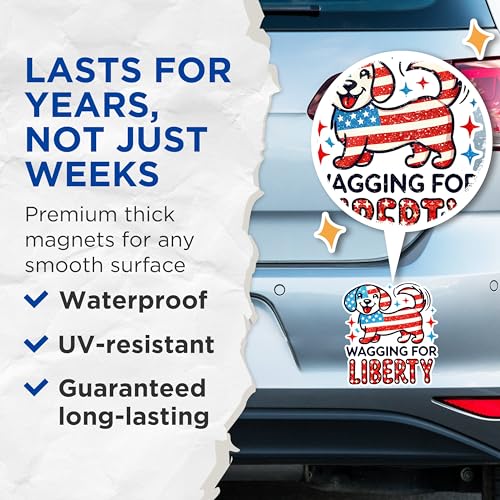 (2 Pack) Wagging for Liberty Dog Magnets - Patriotic Dog Magnets - American Flag Dog Magnets- 5" On Longest Side - for Fridges, Toolboxes, Cars - Made in USA - MAG2711