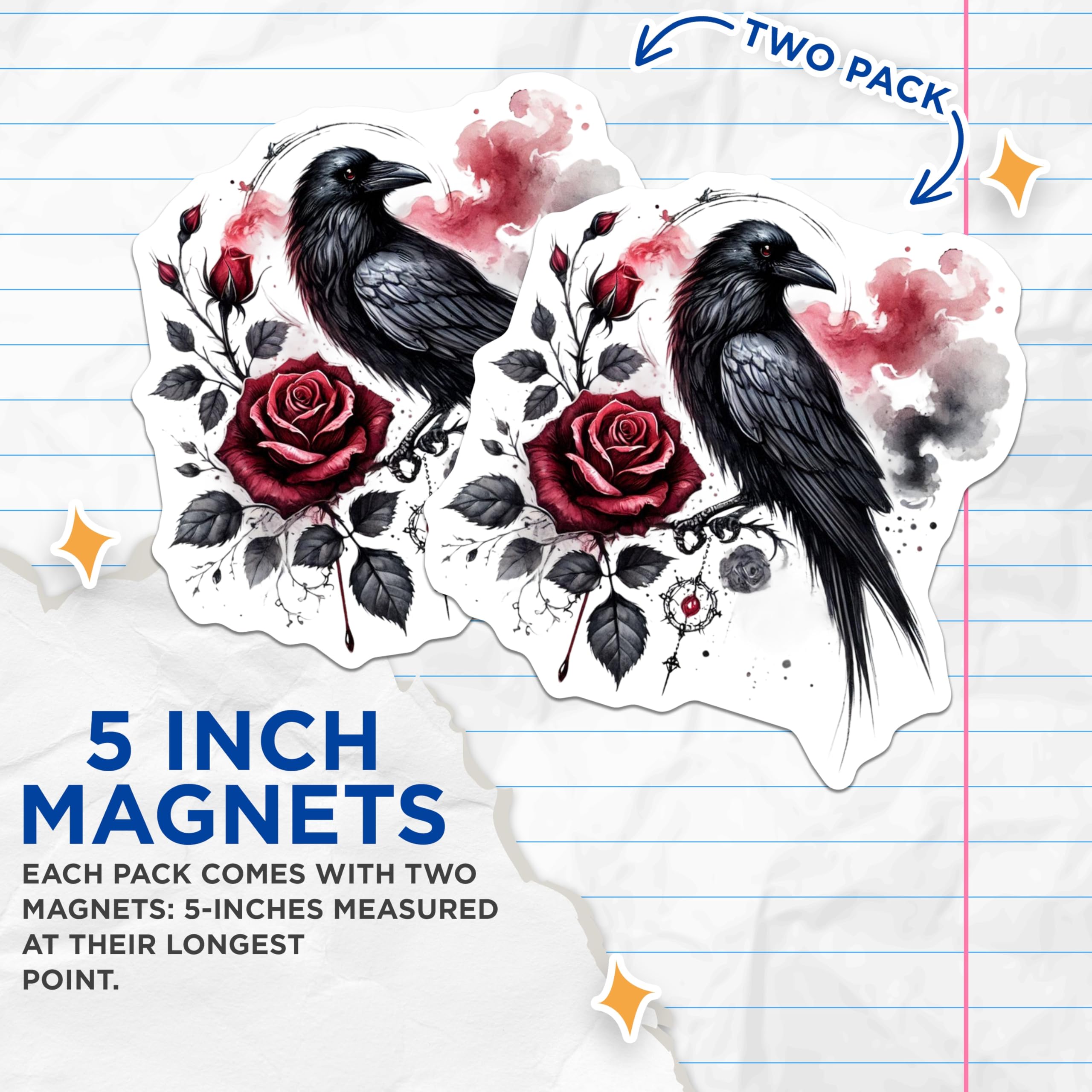 (2 Pack) Raven and Roses Magnets - Gothic Home Decor - Bird Art Refrigerator Magnets - 5" On Longest Side - Premium Magnet - for Cars, Refrigerators, Toolboxes, Lockers - Made in USA - MAG16148