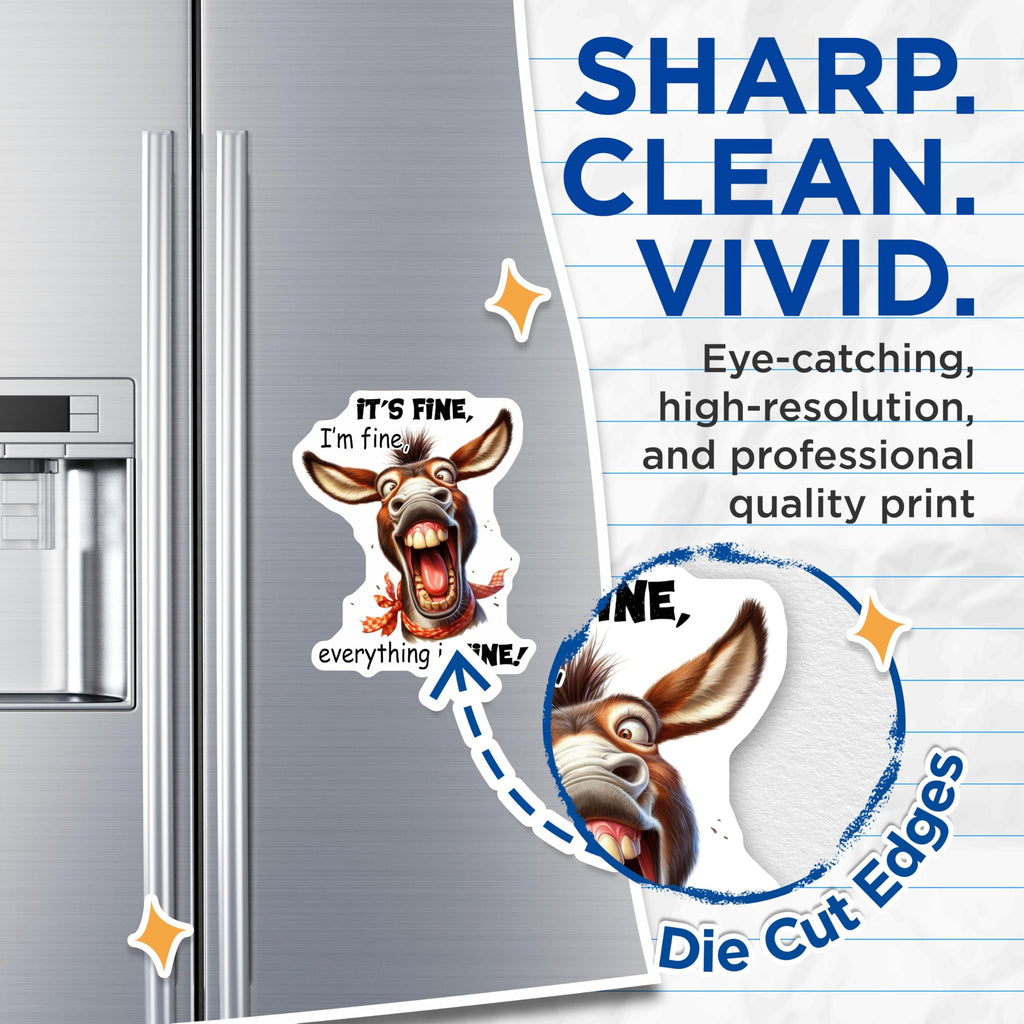 (2 Pack) Funny Donkey Magnets - It's Fine I'm Fine - Refrigerator Humor - 5" On Longest Side - Premium Magnet - for Cars, Refrigerators, Toolboxes, Lockers - Made in USA - MAG15983