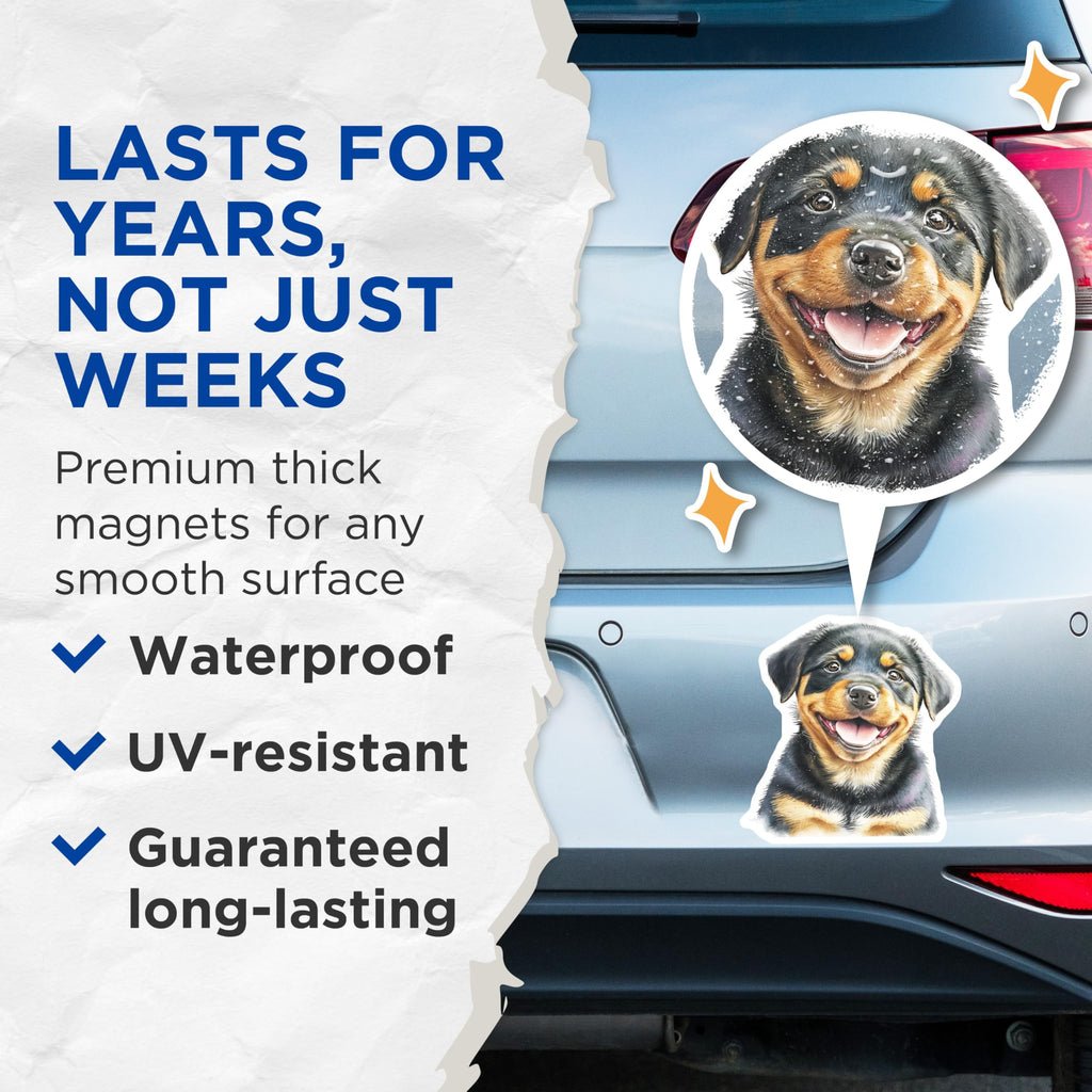 (2 Pack) Rottweiler Puppy Magnets - Smiling Dog Face - Fridge Decor Magnets - 5" On Longest Side - Premium Magnet - for Cars, Refrigerators, Toolboxes, Lockers - Made in USA - MAG14523