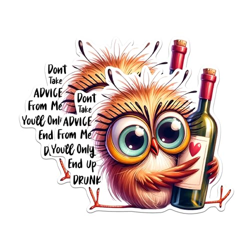 (2 Pack) Funny Owl Wine Stickers - Cute Alcohol Themed Stickers - Quirky Advice Stickers - 5" On Longest Side - Sticks to Any Smooth Flat Surface - Made in USA - BMCS2926