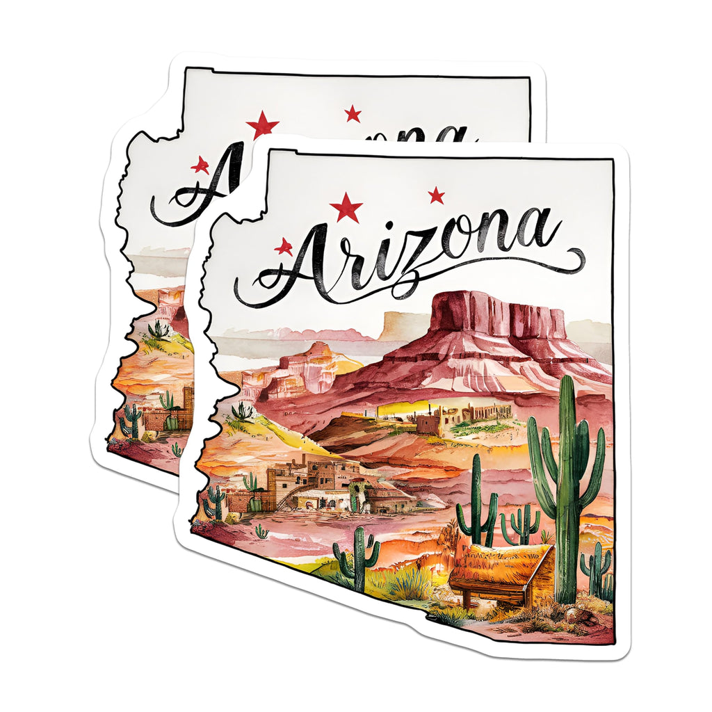 (2 Pack) Arizona Desert Stickers - Cactus and Mountains - Southwest Art Travel Decal - 5" On Longest Side - Sticks to Smooth Flat Surfaces - Made in USA - BMCS6277