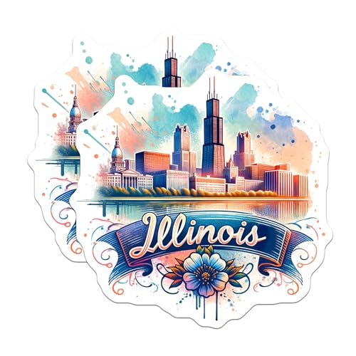 (2 Pack) Illinois Skyline Stickers - State Pride Decal - Vibrant Cityscape Art - 5" On Longest Side - Sticks to Smooth Flat Surfaces - Made in USA - BMCS6942