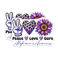 (2 Pack) Peace Love Cure Stickers - Alzheimer's Awareness - Purple Leopard Print Flower Stickers - 5" On Longest Side - Sticks to Smooth Flat Surfaces - Made in USA - BMCS9790