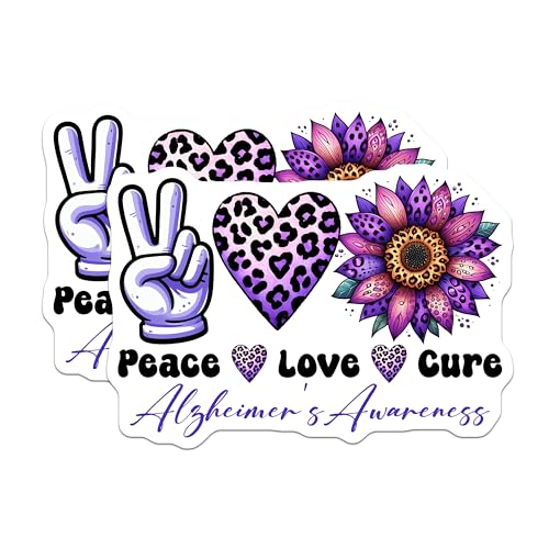 (2 Pack) Peace Love Cure Stickers - Alzheimer's Awareness - Purple Leopard Print Flower Stickers - 5" On Longest Side - Sticks to Smooth Flat Surfaces - Made in USA - BMCS9790