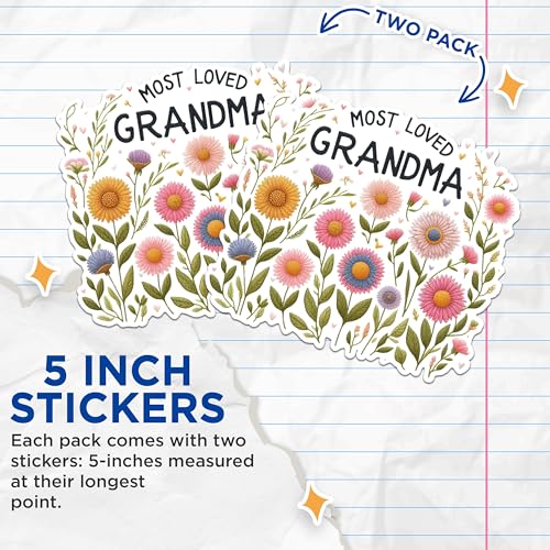 (2 Pack) Most Loved Grandma Stickers - Floral Grandma Stickers - Mother's Day Grandma Stickers - 5" On Longest Side - Sticks to Any Smooth Flat Surface - Made in USA - BMCS2563