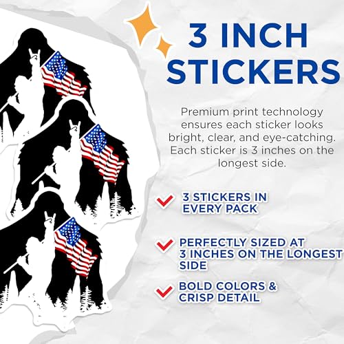 (3 Pack) Patriotic Sasquatch Decals - American Flag Bigfoot - Laptop Decal - 3 Inches On Longest Side - Easy Peel & Apply - Made in USA - 3MCS4639