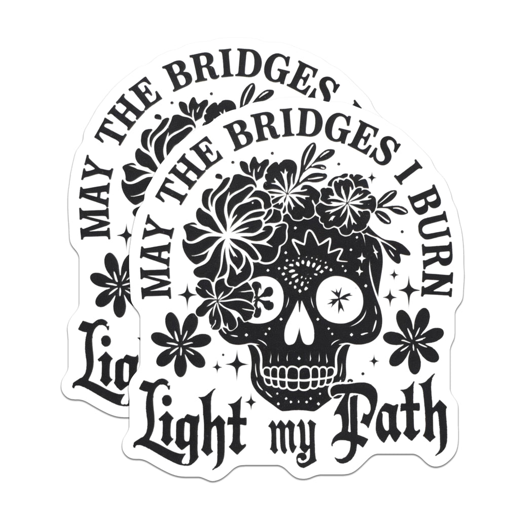 (2 Pack) May The Bridges I Burn Stickers - Motivational Skull Stickers - Gothic Skull Stickers - 5" On Longest Side - Sticks to Smooth Flat Surfaces - Made in USA - BMCS4623