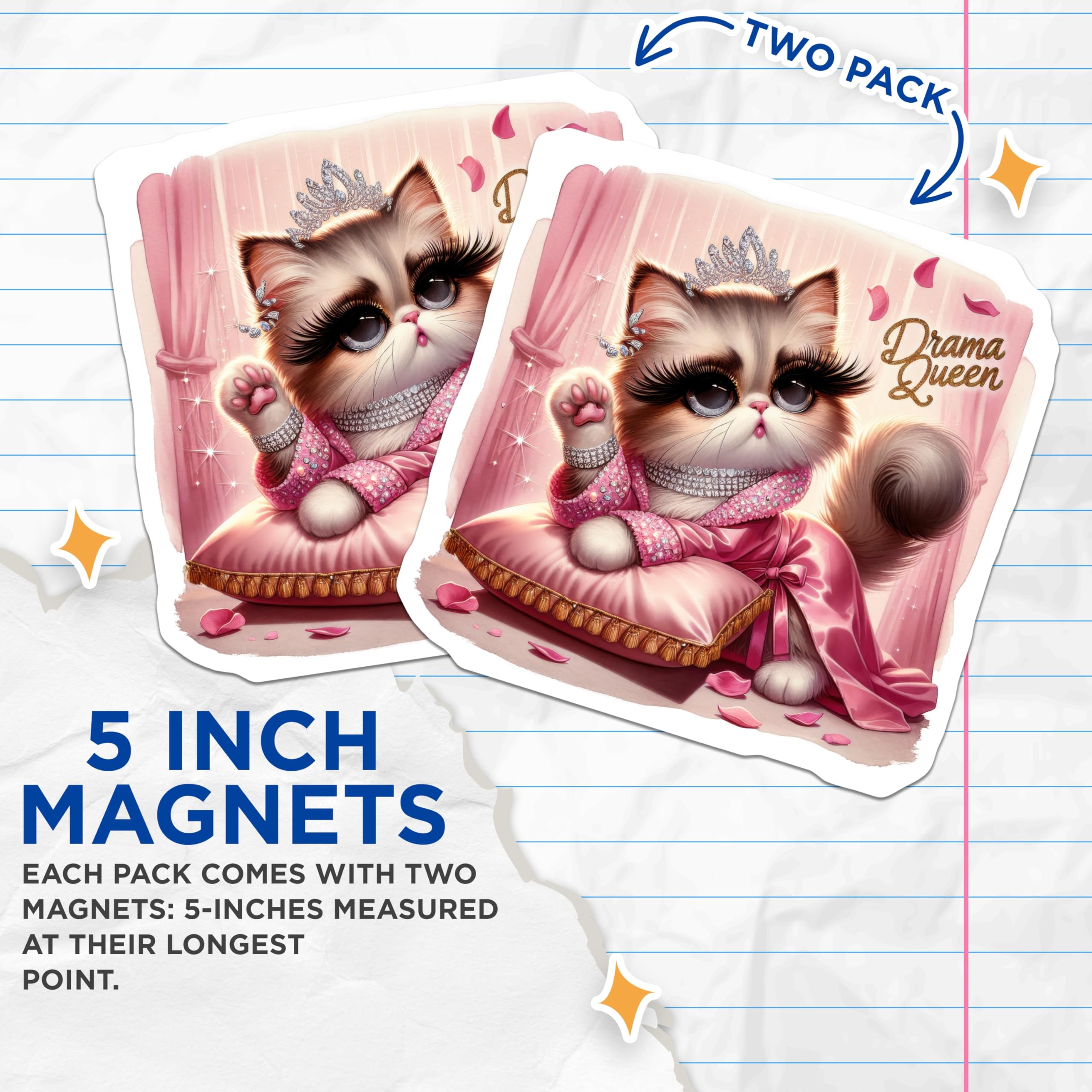 (2 Pack) Drama Queen Cat Magnets - Sassy Feline Glamour Decor - Adorable Kitten Refrigerator Locker Art - 5 Inches On Longest Side - Thick Durable Magnet - Made in USA - MAG21805