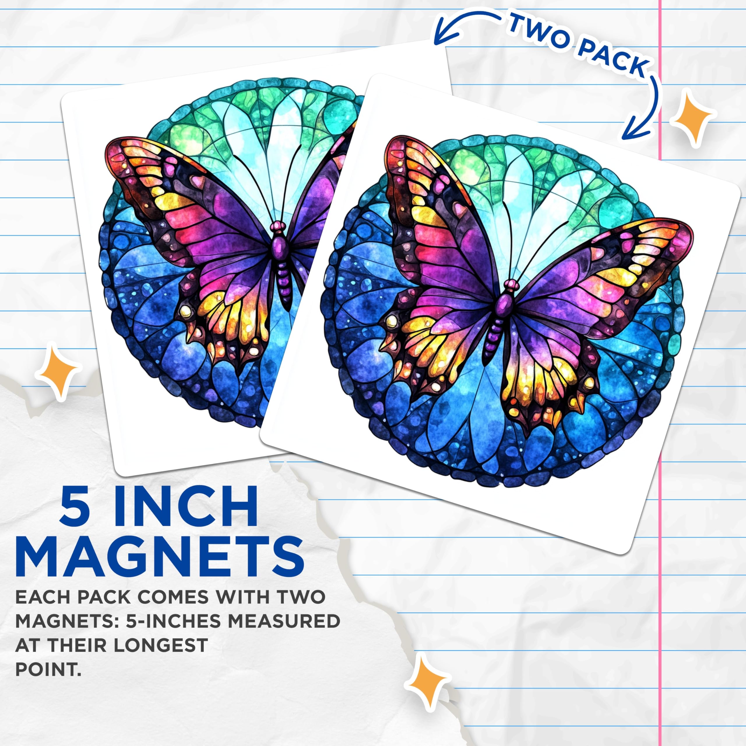 (2 Pack) Faux Stained Glass Butterfly Magnets - Vibrant Watercolor Aesthetic - Boho Home Decor Accent - 5 Inches On Longest Side - Thick Durable Magnet - Made in USA - MAG28233