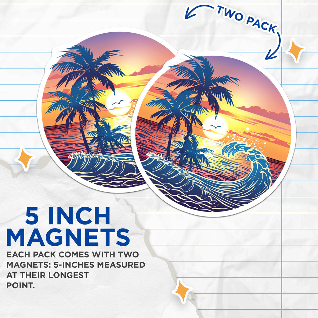 (2 Pack) Tropical Sunset Beach Magnets - Ocean Wave Palm Tree Decor - Summer Island Life Refrigerator Accessories - 5 Inches On Longest Side - Thick Durable Magnet - Made in USA - MAG36911