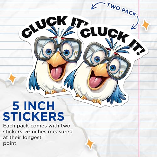 (2 Pack) Funny Bird Stickers - Cartoon Animal - Humorous Quote - Cute Glasses Cluck It - 5" On Longest Side - Sticks to Smooth Flat Surfaces - Made in USA - BMCS4375