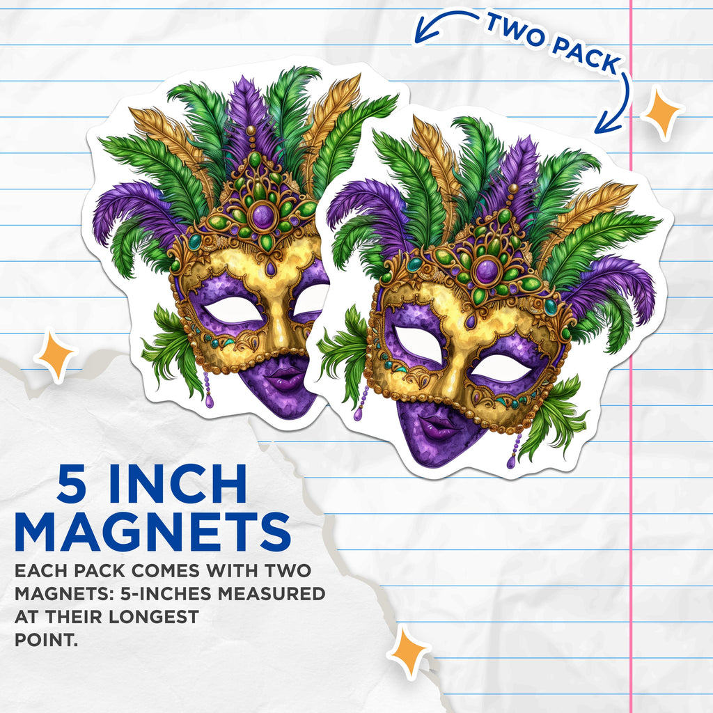 (2 Pack) Ornate Mask Magnets - Masquerade Party Decor - Purple Gold Green Refrigerator Art - 5 Inches On Longest Side - Thick Durable Magnet - Made in USA - MAG39466