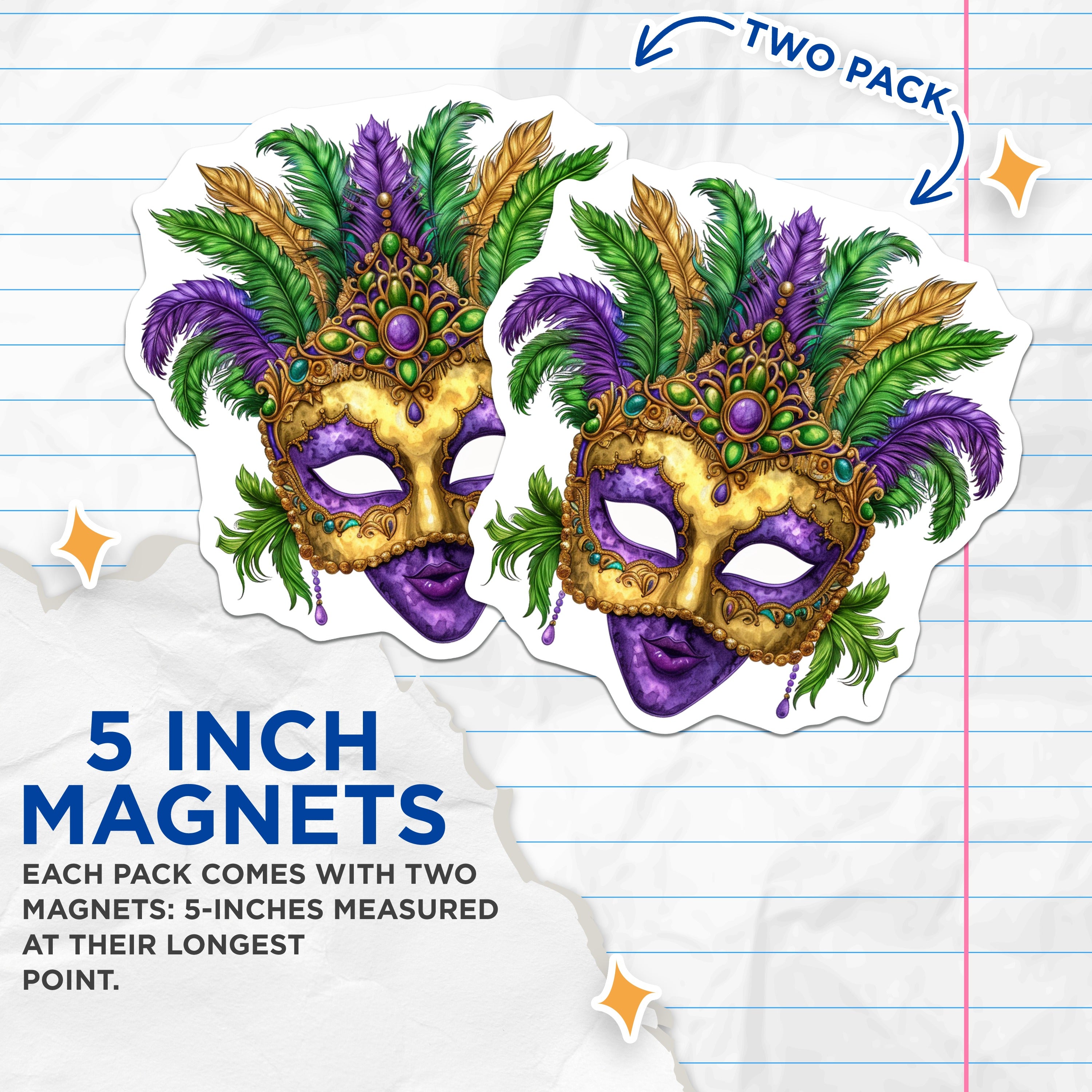 (2 Pack) Ornate Mask Magnets - Masquerade Party Decor - Purple Gold Green Refrigerator Art - 5 Inches On Longest Side - Thick Durable Magnet - Made in USA - MAG39466