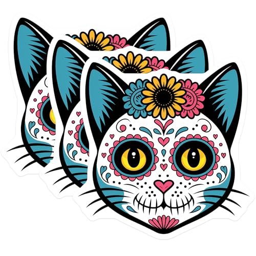 (3 Pack) Sugar Skull Cat Decals - Calavera Kitty - Day of The Dead Stickers - 3 Inches On Longest Side - Easy Peel & Apply - Made in USA - 3MCS8225
